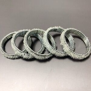 Set of 5 Napkin Rings Silver Tone Wire Clear Glass Beads Elegant Table Decor